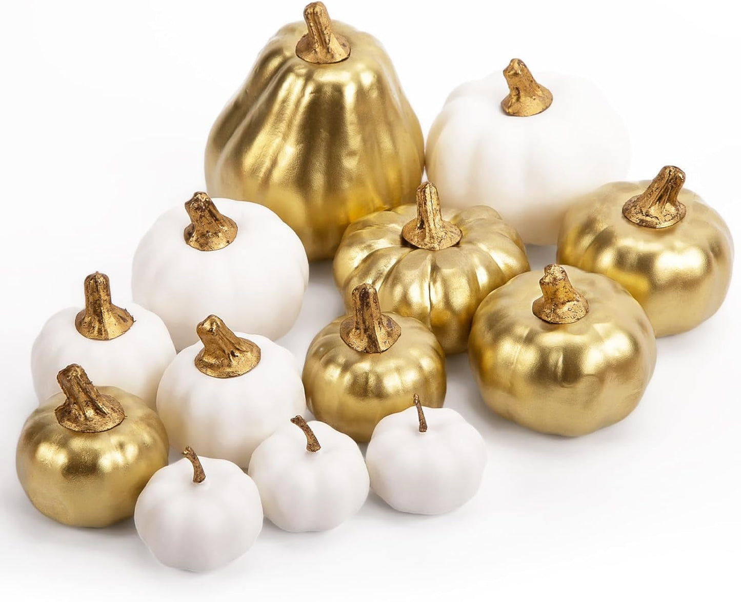 FUTUREPLUSX 125 PCS Artificial Pumpkin and Gourd Set, 22 PCS Harvest Fruits with 90 PCS Fake Maple Leaves Acorns and Pinecones for Fall Dining Table Thanksgiving Decor Home & Garden > Decor > Seasonal & Holiday Decorations FUTUREPLUSX Gold