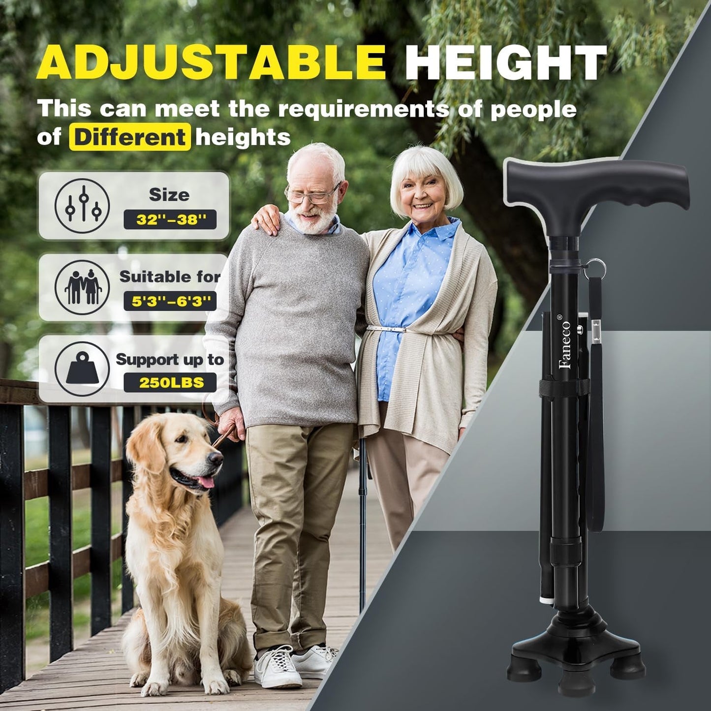 FANECO Walking Cane, Folding Walking Stick for Seniors, Pivoting Quad Base, Lightweight Adjustable Walking Stick for Men/Women