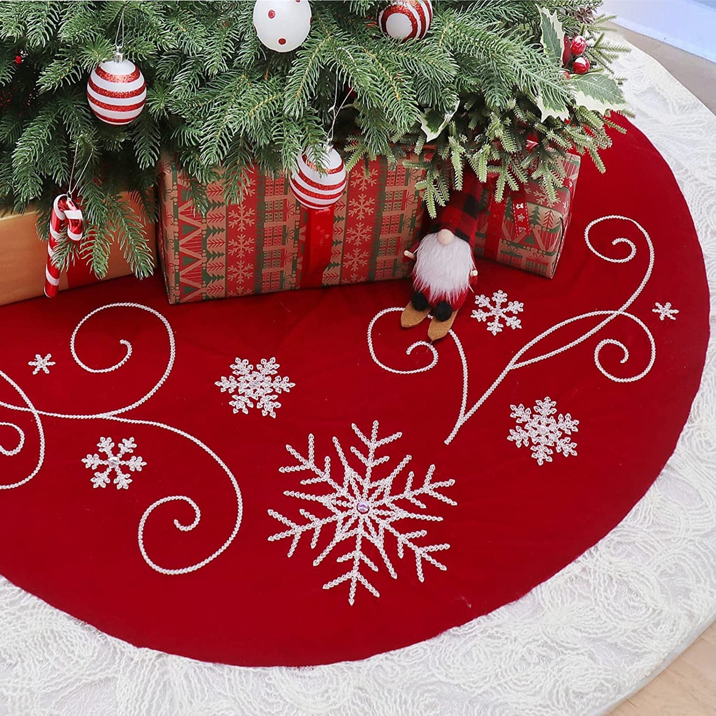 USILAND 48 Inches Christmas Tree Skirt, Luxury Red Velvet Tree Skirt with Sequin Embroidery for Xmas Holiday Party Decorations Christmas Ornaments