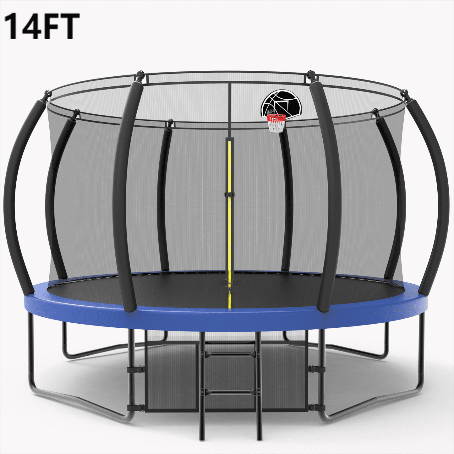 14FT Trampoline with Enclosure, Large PUMPKIN Trampoline for Kids Outdoor Play, All-Weather Trampoline W/Hoo, Round Trampolines Bears 4-6 Kids, Blue