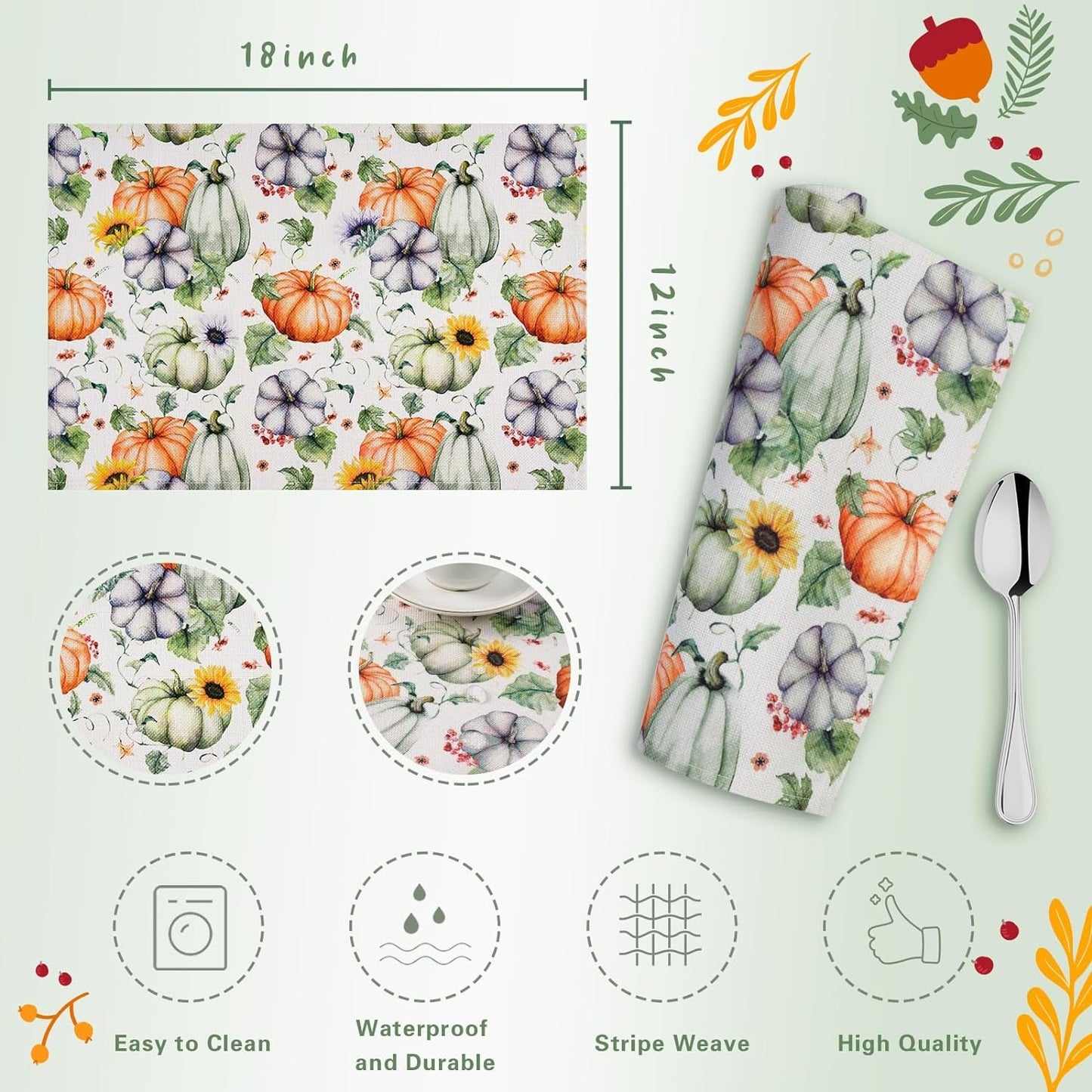 Yinhua Fall Placemats Set of 4 Washable Linen Pumpkin Placemats Heat-Resistant Waterproof Place Mats for Thanksgiving Table Place Mats Dining Decor 12X18 Inch