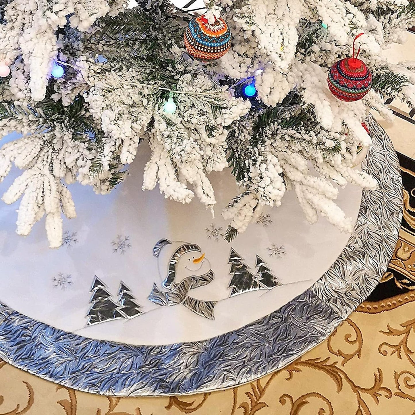 WEWILL 36'' Luxury Silvery Christmas Tree Skirt Santa Embroidered White Santa Claus Snowflake with Satin Border Xmas Tree Skirt Christmas Tree Ornaments Gifts Home & Garden > Decor > Seasonal & Holiday Decorations WEWILL Silvery Snowman