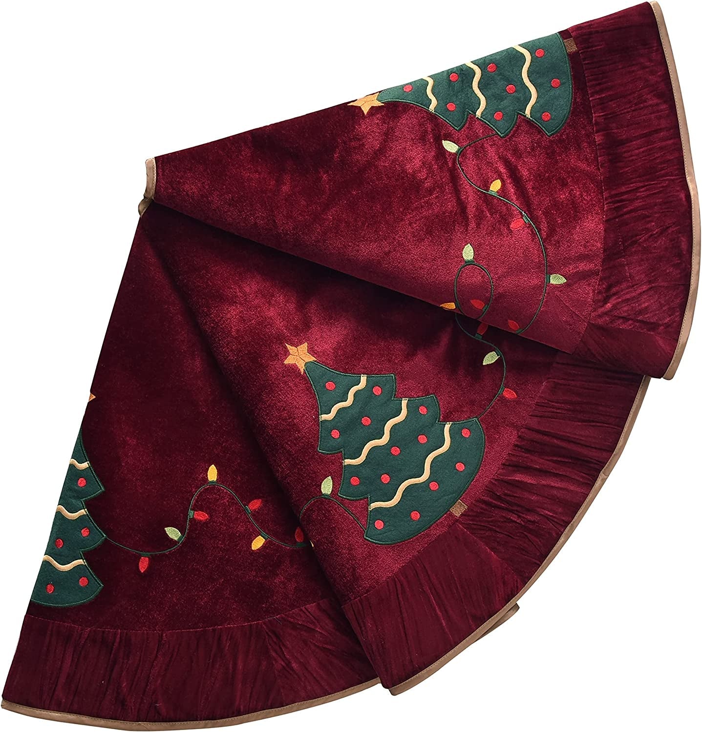 X.Sem Holly Leaf Embroidered Velvet Christmas Tree Skirt with Pleat Velvet Border 50'' Dark Green (Dark Green, 50 Inch) Home & Garden > Decor > Seasonal & Holiday Decorations ONGLYP Dark Red 50 Inch