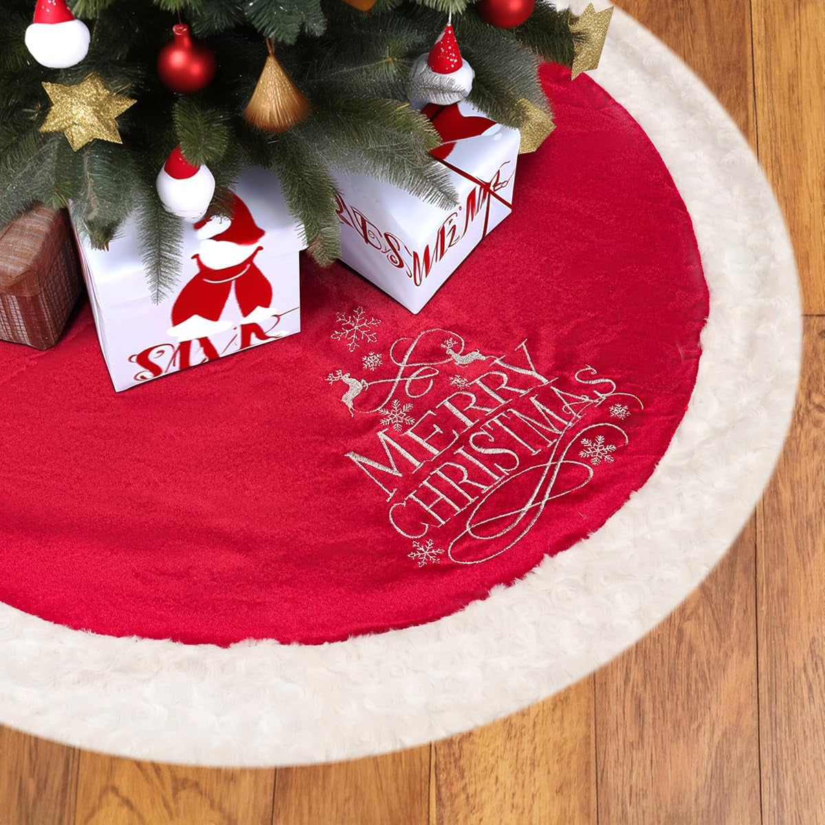 USILAND 48 Inches Christmas Tree Skirt, Luxury Red Velvet Tree Skirt with Sequin Embroidery for Xmas Holiday Party Decorations Christmas Ornaments Home & Garden > Decor > Seasonal & Holiday Decorations USILAND Burgundy 32 Inches