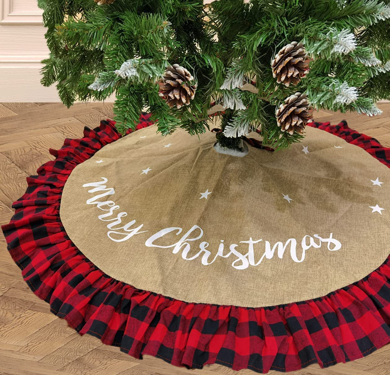 AISENO 48 Inch Christmas Tree Skirt Linen Burlap Buffalo Plaid Edge Decoration for Merry Christmas Party Red and Black Buffalo Christmas Tree Skirt Decorations Home & Garden > Decor > Seasonal & Holiday Decorations AISENO 36 Inch