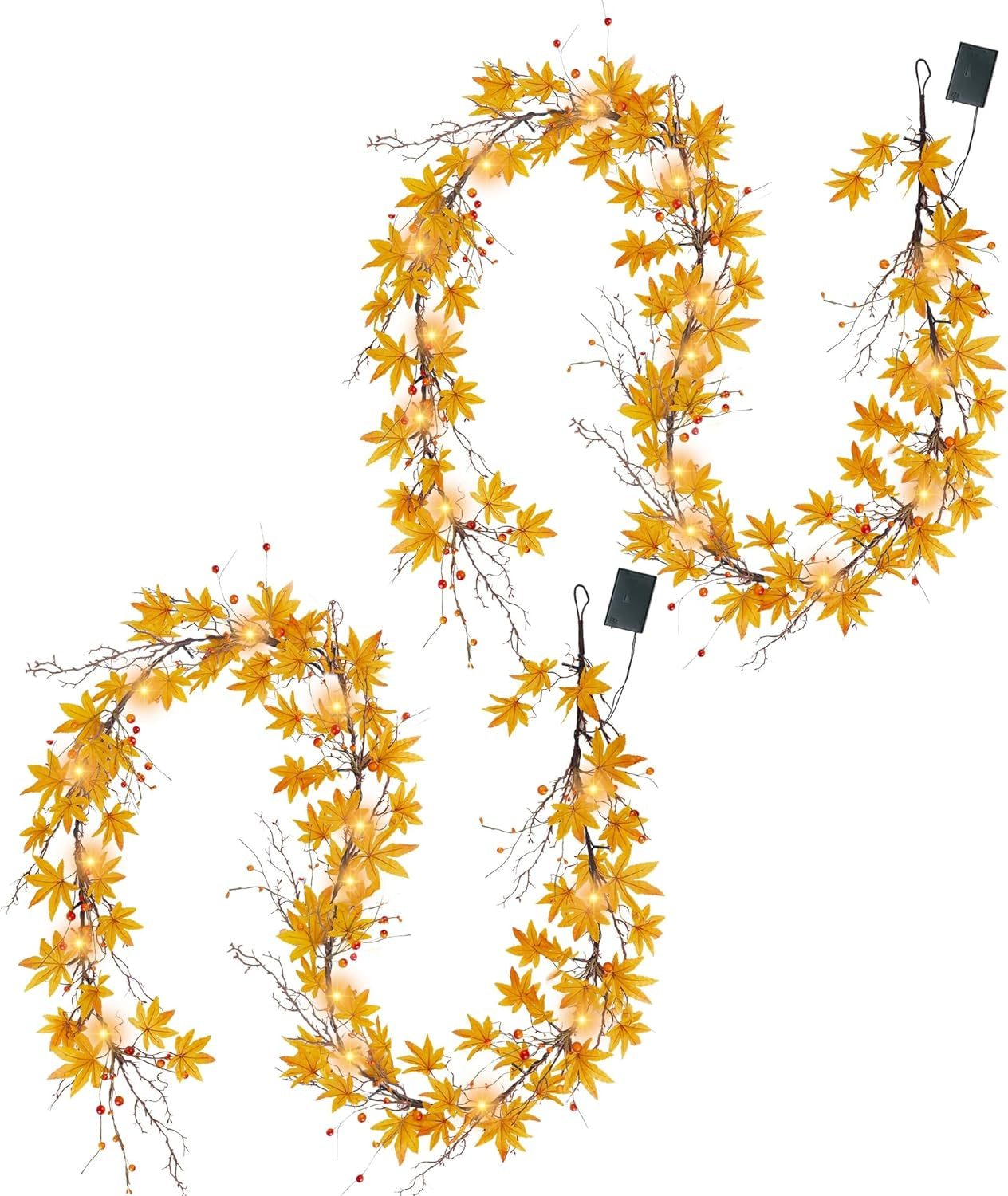 Winemana 2 Pcs Thanksgiving Maple Garlands Fall Decorations, 6 Ft 20 LED Lights Garland with Maple Leaves & Berries, Front Door Fireplace Autumn Home Decor