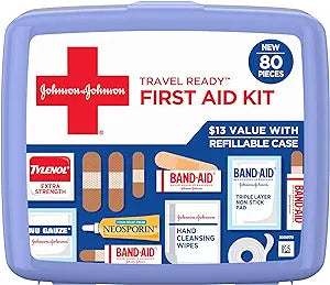 Band-Aid Travel Ready Portable Emergency First Aid Kit for Minor Wound Care with Assorted Adhesive Bandages, Gauze Pads80 pc