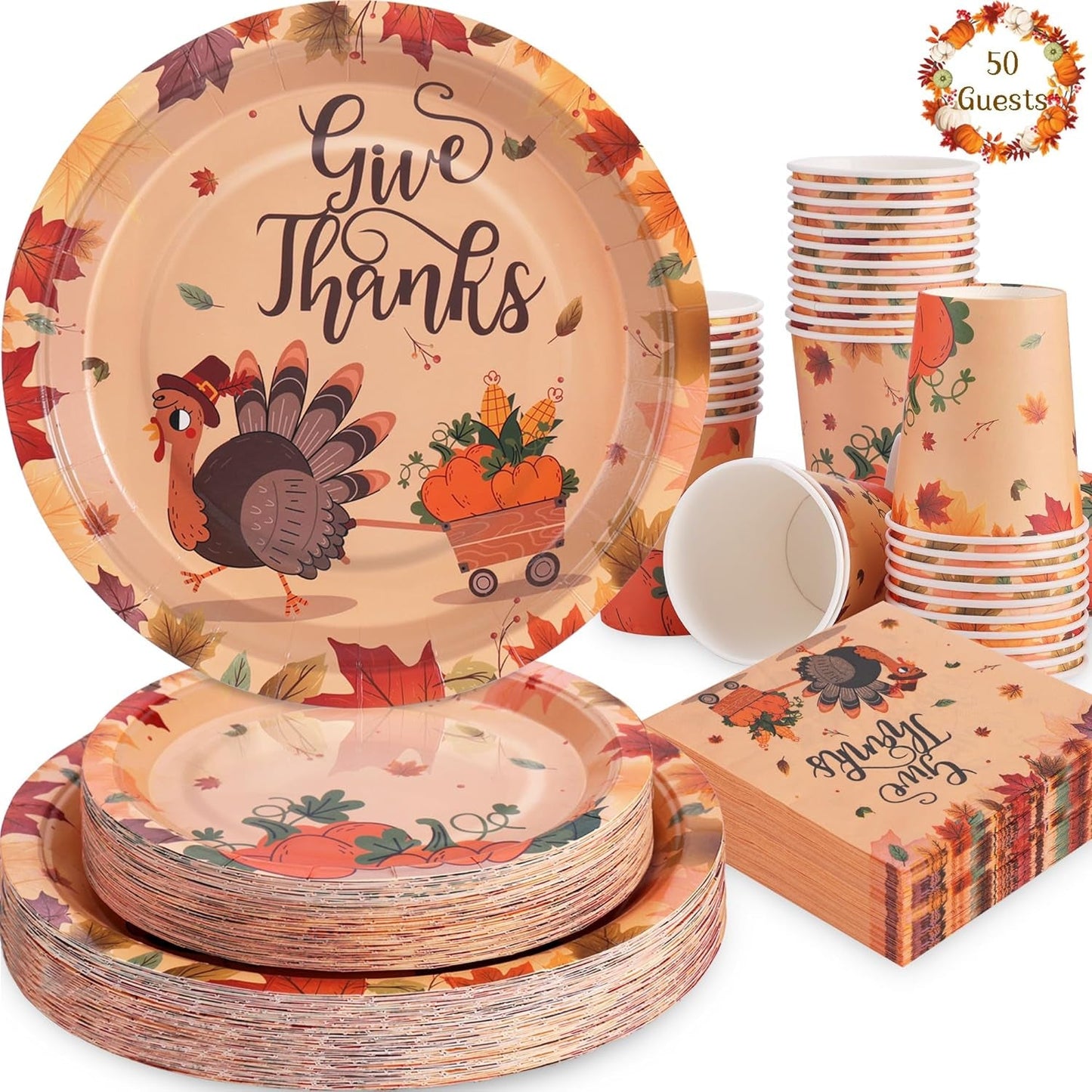 Gudvilla 168Pcs Thanksgiving Plates and Napkins Sets Thanksgiving Party Supplies Thanksgiving Paper Plates with Pumpkin Maple Leaves Themed for Thanksgiving Party Decorations, Serves 24 Guests Home & Garden > Decor > Seasonal & Holiday Decorations Gudvilla 200Pcs