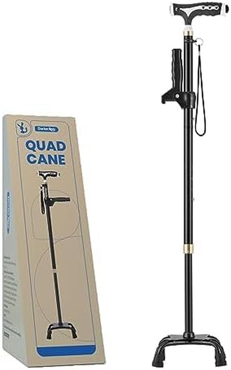 Doctor.Roo Quad Cane with LED Light, Adjustable Walking Cane with Stand Assist Handle and 4-Pronged Base, Sturdy Mobility Aid for Seniors