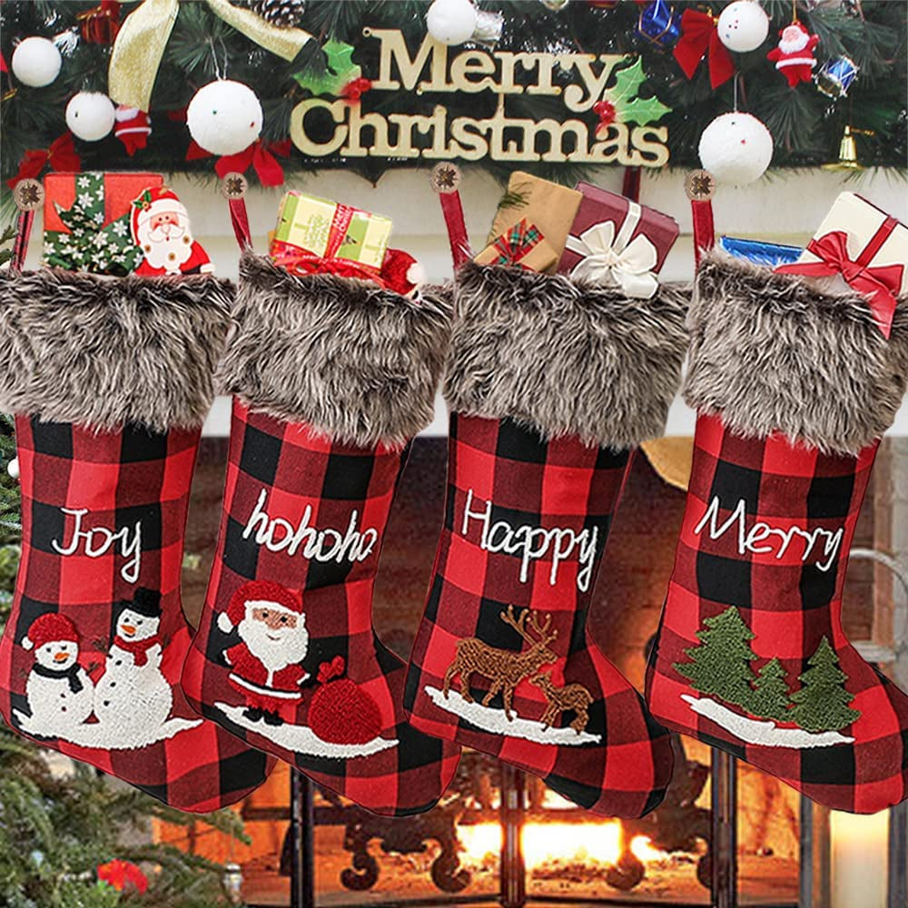 Atrenty Christmas Stockings Large 18 Inches 4 Pcs Kits - Xmas Stockings Burlap with Large Plaid and Plush Faux Fur Cuff for Family Holiday Party Decorations