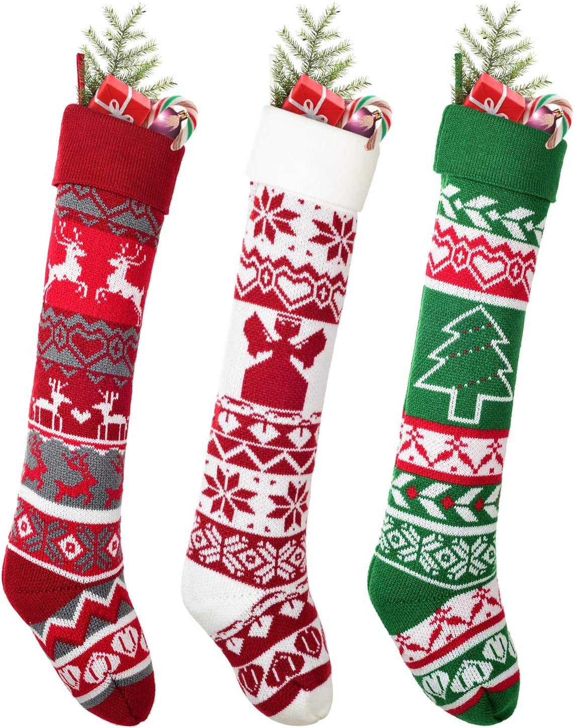 Dearhouse Christmas Stockings, 3 Pack 26 Inches Large Luxury Knit Knitted Classic Xmas Tree Snowflake Stripe, Rustic Personalized Stocking Decorations for Family Holiday Season Decor