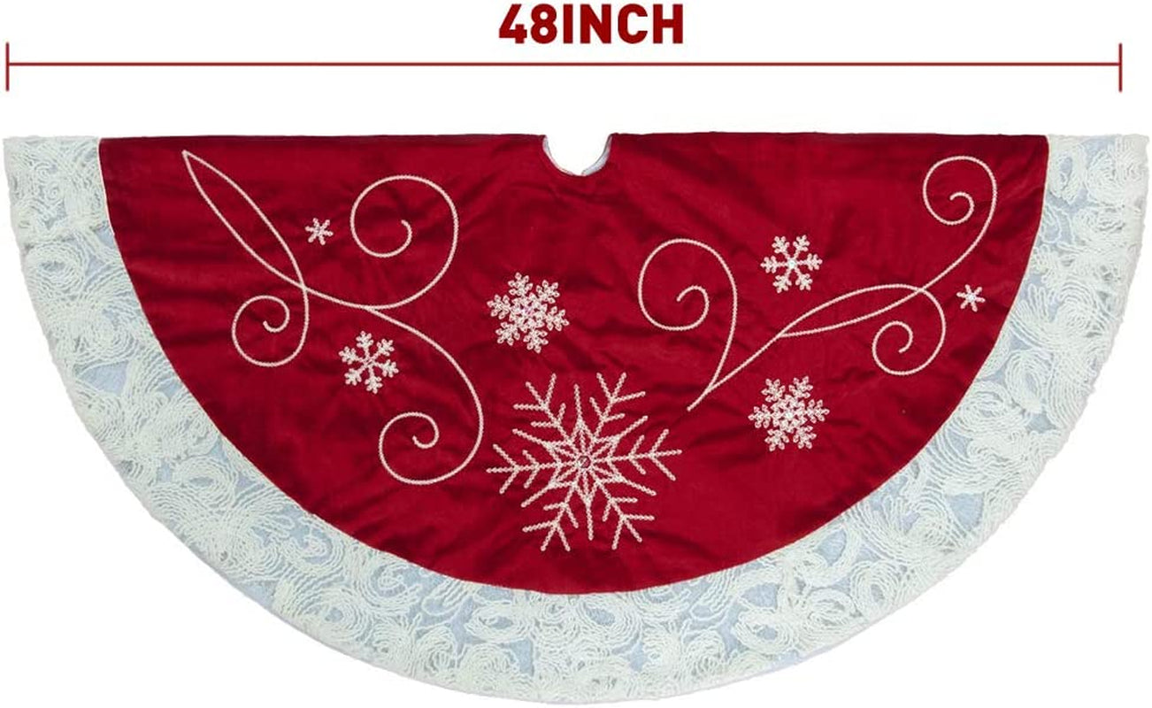 XAMSHOR Red Christmas Tree Skirt 48 Inches Snow Sequin Embroidery with White Trim Border Decor for Xmas Holiday Party Ornaments