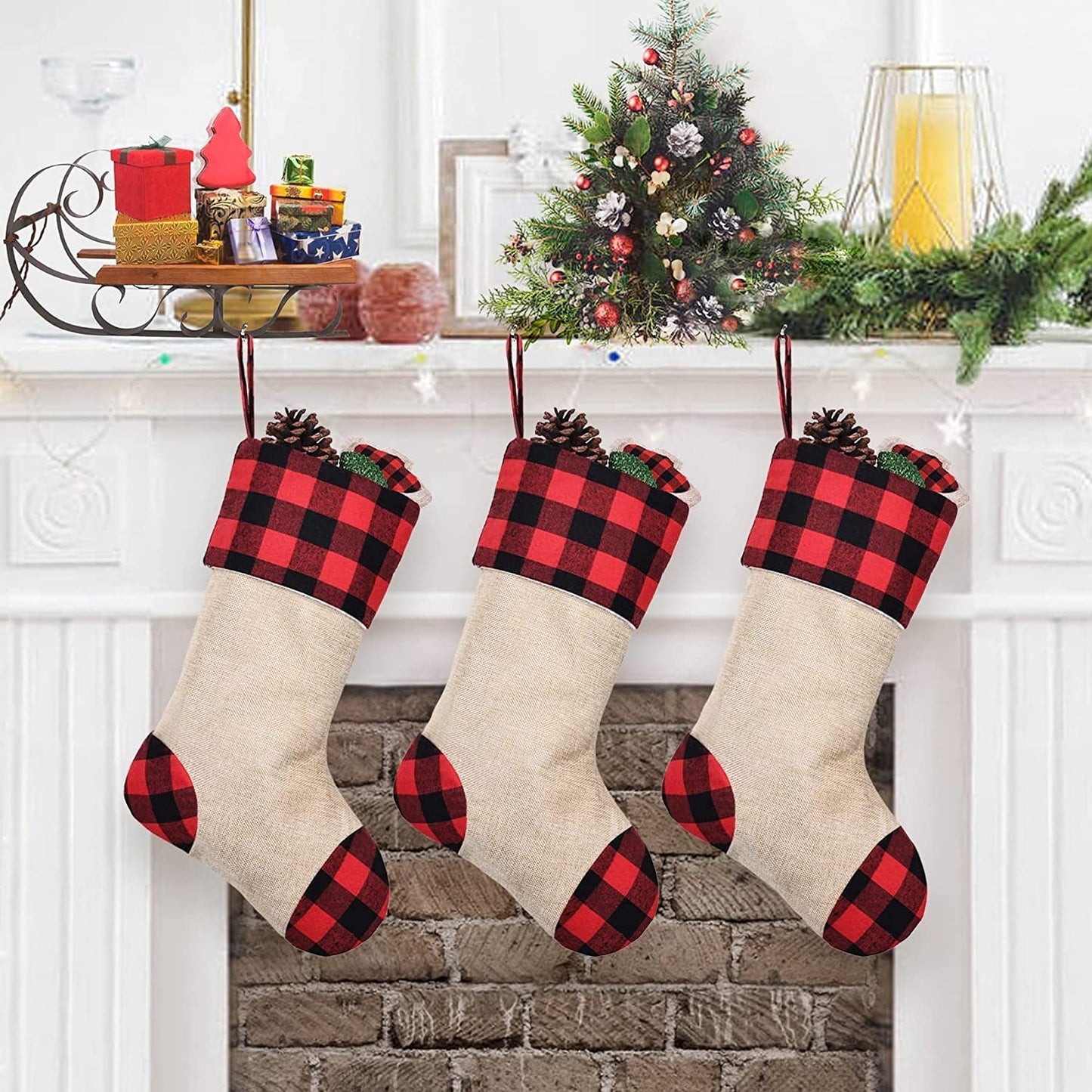 CARAKNOTS Plaid Christmas Stockings 6 Pack Red and Black Check Christmas Stockings for Family Kids Large Burlap Stockings Christmas Decorations for Xmas Farmhouse Fireplace Holiday Party Home & Garden > Decor > Seasonal & Holiday Decorations CARAKNOTS Red-Black 3 Pcs