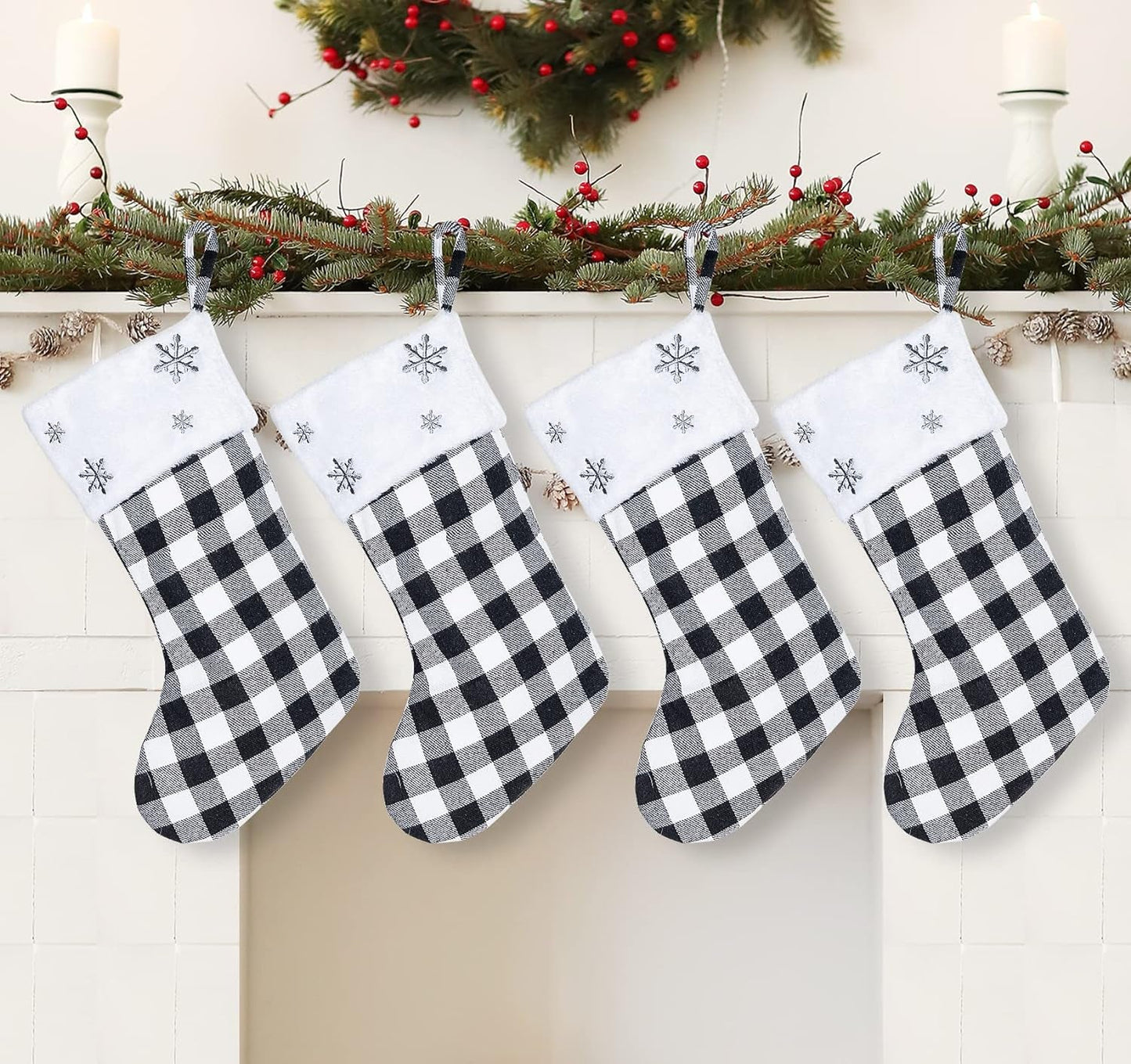 ABSOFINE Christmas Stocking 18" Xmas Sock Buffalo Plaid Stockings Classic Hanging Christmas Holiday Party Decorations,Set of 4 (Black White)
