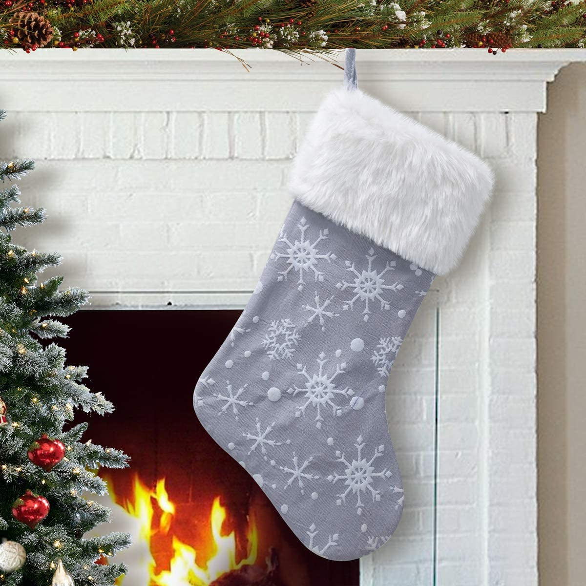S-DEAL Black and White Plaid Christmas Stocking Double Layers Gift Holder White Plush Cuff 21 Inches Decor for Holiday Party Xmas Mantel Ornaments Home & Garden > Decor > Seasonal & Holiday Decorations S-DEAL Grey And White Snowflake