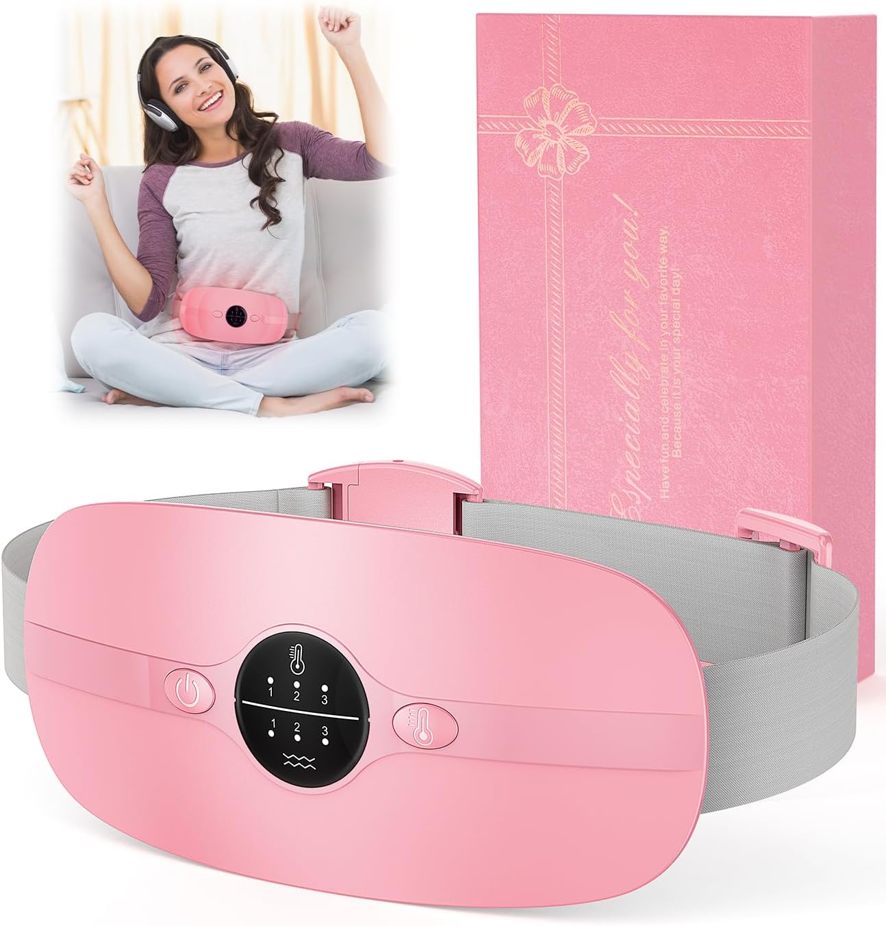 FTOYIN Portable Cordless Heating Pad, 3 Heat Levels & 3 Massage Modes, Fast Heating Belt for Women and Girls, Alleviates Period Cramps, Abdominal Aches, Back Pain