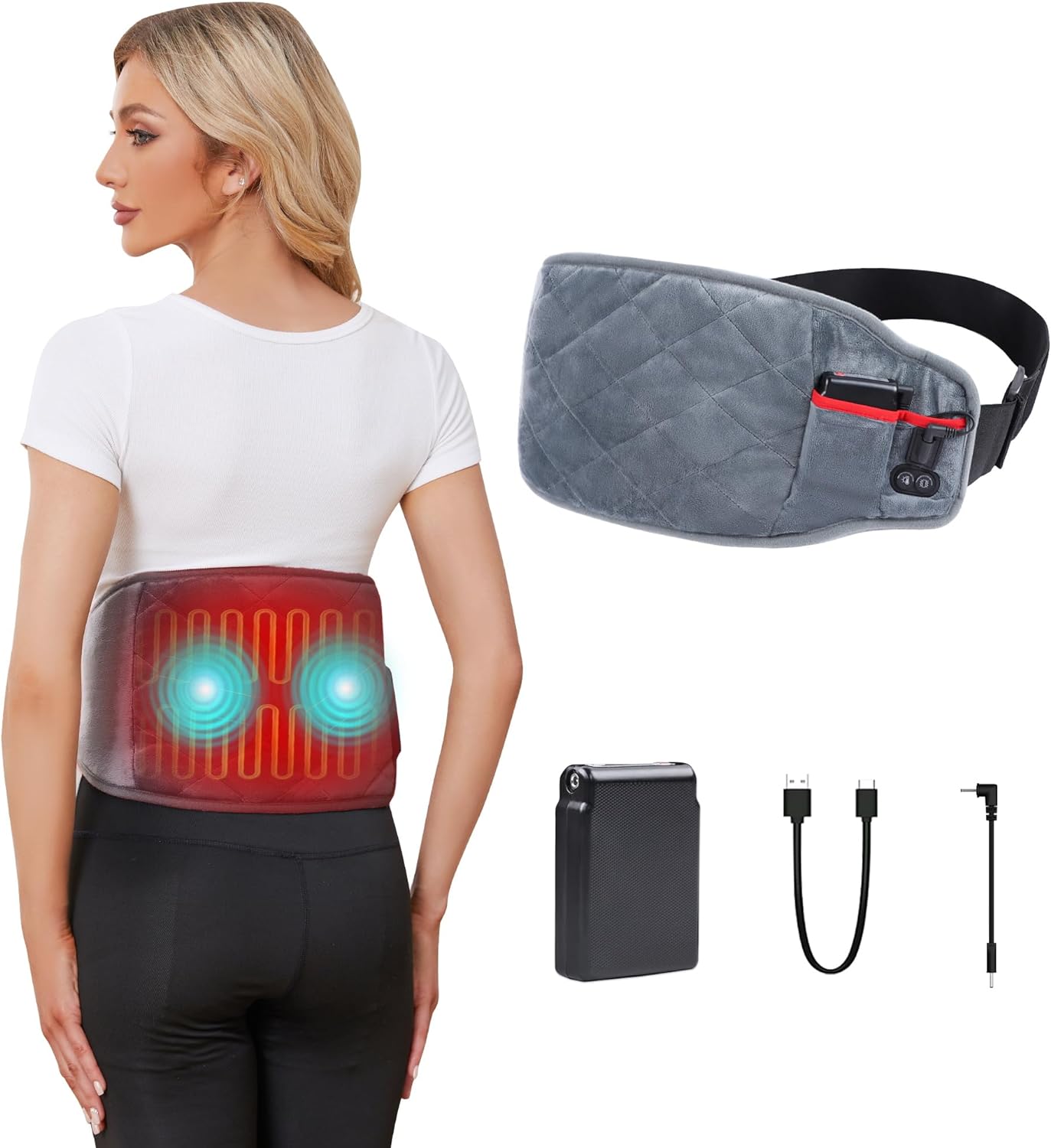 Vofuoti Cordless Heating Pad with Massager, 3 Vibration Modes and 3 Heating Settings, Portable Heating Pad with Battery, Machine Washable, Heating Pad for Back Pain Relief, Gift for Women Men