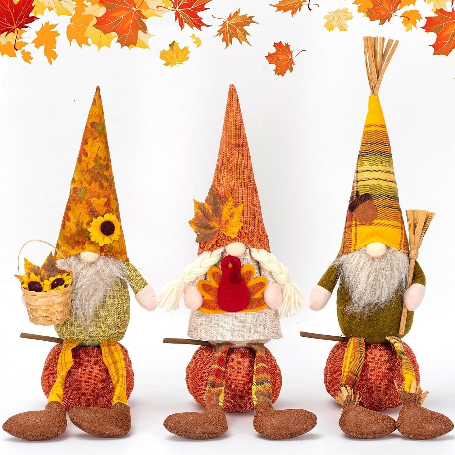 Unanscre Thanksgiving Fall Gnomes Plush Elf Decoration - 3PCS Long Leg Sunflower Maple Leaf Acorn Straw Pumpkin Gnomes Hold Basket Turkey Broom for Autumn Harvest Ornaments, Home Farmhouse Decor