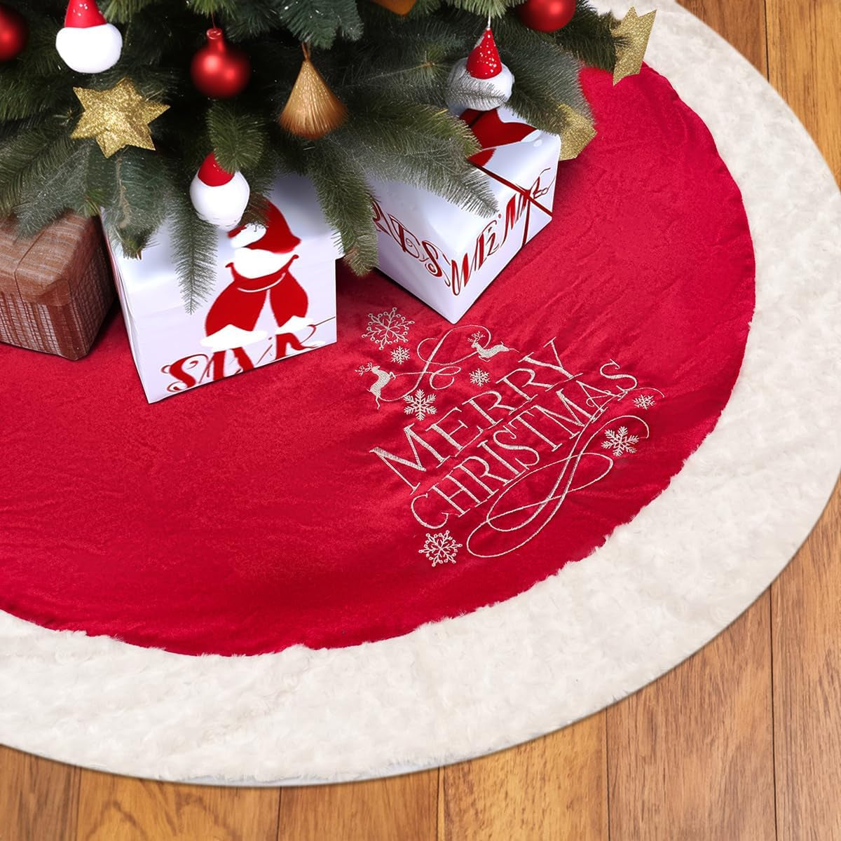 USILAND 48 Inches Christmas Tree Skirt, Luxury Red Velvet Tree Skirt with Sequin Embroidery for Xmas Holiday Party Decorations Christmas Ornaments Home & Garden > Decor > Seasonal & Holiday Decorations USILAND Burgundy 48 Inches