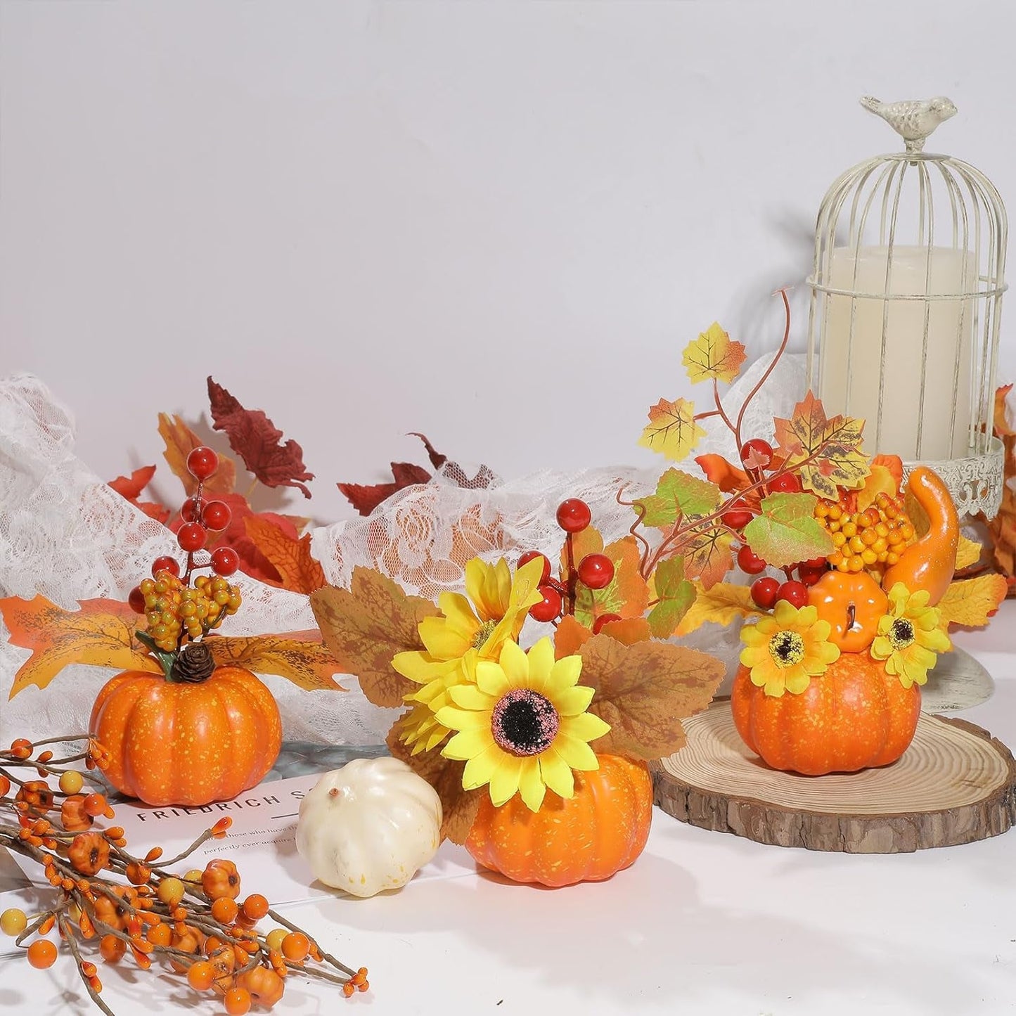 U'Artlines 6Pcs Thanksgiving Artificial Pumpkin, Mini Fake Pumpkins with Maple Leaves Berries Artificial Flowers for Fall Harvest Halloween Thanksgiving Table Centerpieces DIY Crafts Decor Home & Garden > Decor > Seasonal & Holiday Decorations U'Artlines Pumpkin-A 3