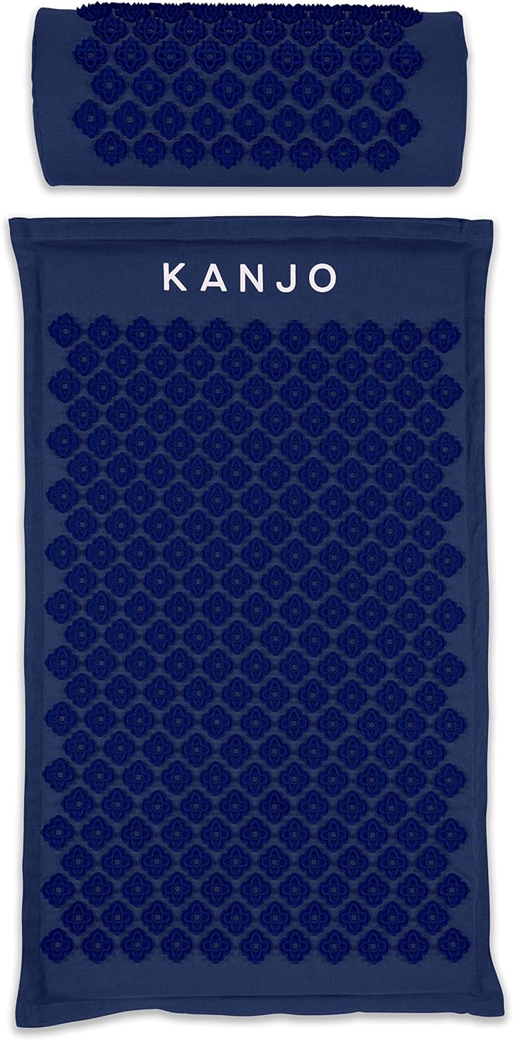 FSA HSA Eligible Kanjo Premium Acupressure Mat and Pillow Set for Back Pain Relief & Neck Pain Relief, with Memory Foam Pillow, Includes Carry Bag, Navy