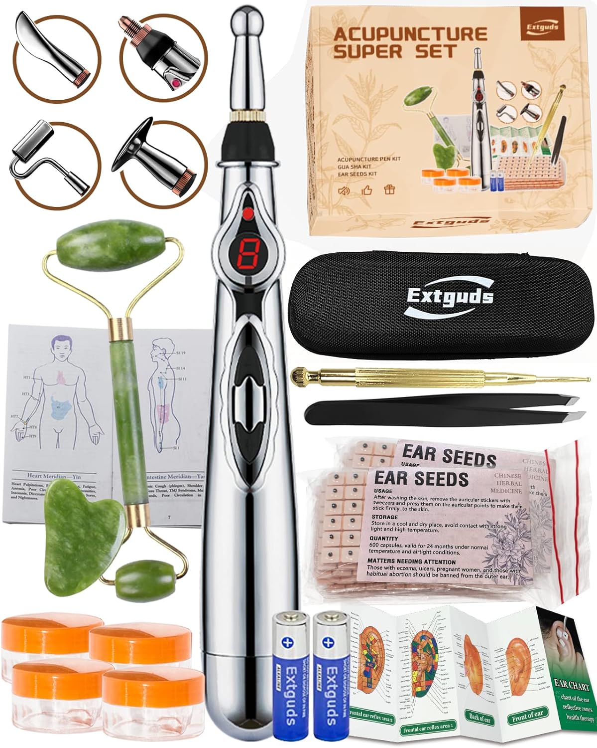 Acupuncture Super Set: 5-Head Electronic Acupuncture Pen + Gua Sha Tool + Ear Seeds + Retractable Acupuncture Pen + 4 x Extra Massaging Gel + Tweezers+Chart+Batteries (Acupuncture Set(with A new bag))
