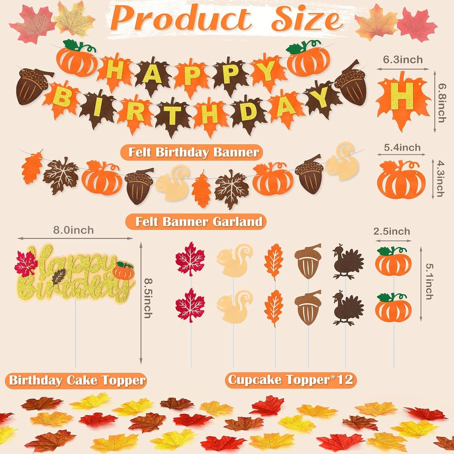 Fall Pumpkin Birthday Party Decorations Thanksgiving Autumn Themed Birthday Party Supplies 98 Pcs (Artificial Maple Leaves, Paper Pompoms, Cake Toppers, Banner, Balloon Garland) (Fall-98P)