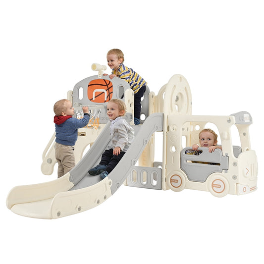 9 In 1 Toddler Slide,Toddler Playground Set for Toddlers Age 1+Boys Girls, Climbing Crawling Playhouse With Slide Bus Playhouse Basketball Hoop Outdoor Indoor Playground