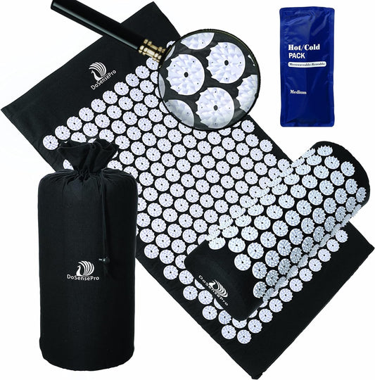 Acupressure Mat & Pillow Set with Hot/Cold Gel Pack for Back and Neck Pain Relief, Sciatica and Pressure Point Aches - Ideal Acupuncture Mat for Sleeping Aid & Workout Recovery - Black