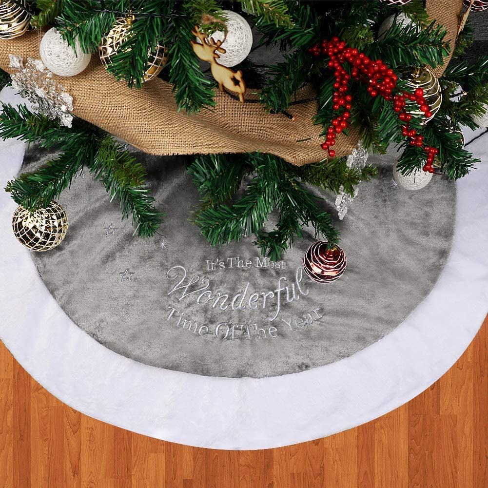 Dremisland 36" Luxury Faux Fur Christmas Tree Skirt with Snowflake Double Layers Soft Tree Skirt Xmas Holiday Party Decoration - Grey