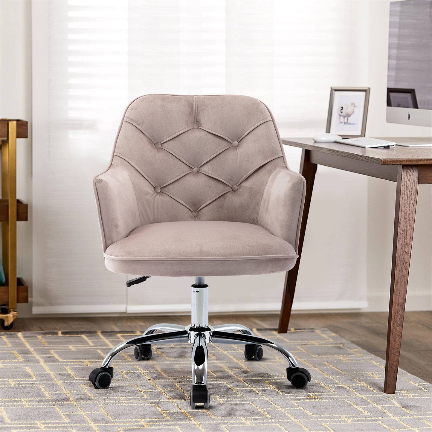 Home Office Desk Chair, Modern Velvet Fabric Accent Chair with Upholstered Seat, Swivel Task Chair for Home Office, Comfy Vanity Chair, Height Adjustable Swivel Office Chair, Gray, D2915