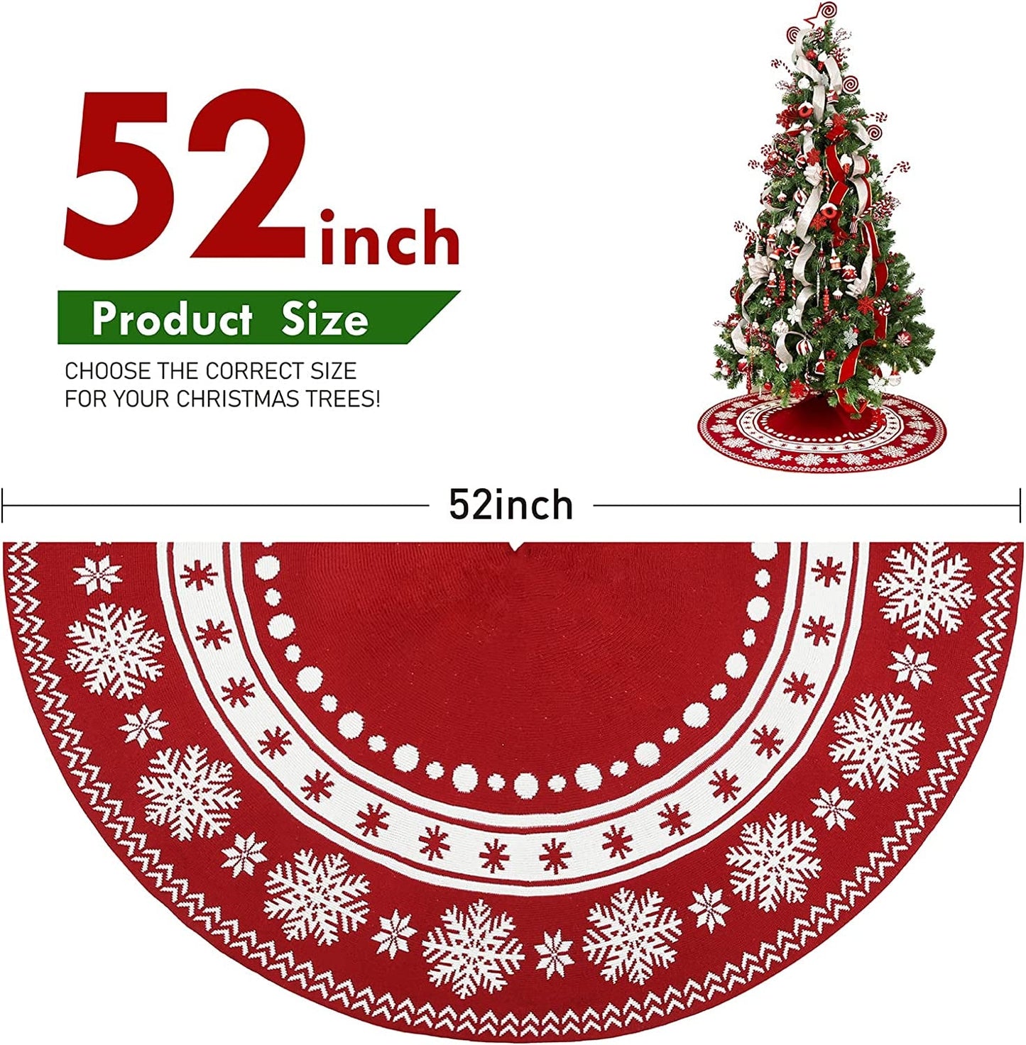 Wbhome Christmas Tree Skirt, 52 Inch Red Double-Sided Cable Knitted Xmas Tree Skirt with Snowflake Pattern, Thick Rustic Holiday Home Party Decoration, Red, Fit for up to 9FT Xmas Tree