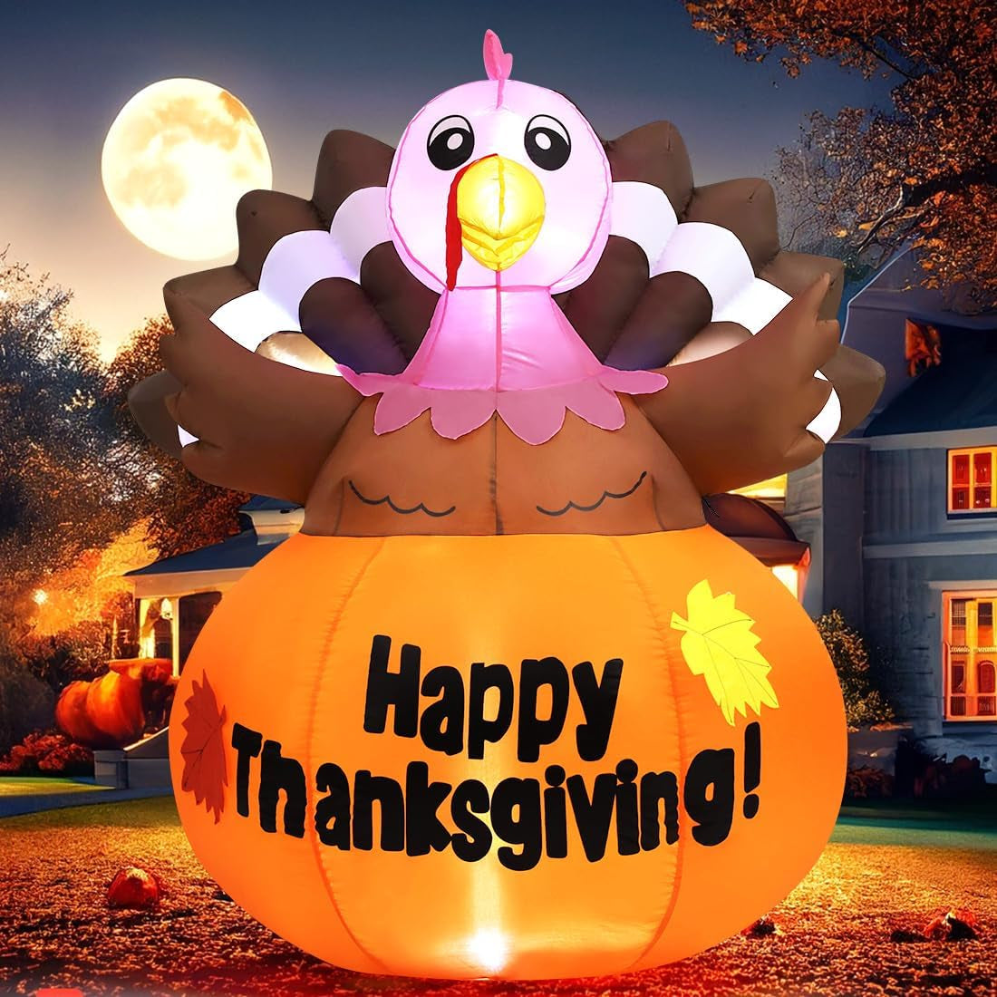 COMIN 5 FT Tall Thanksgiving Inflatables Turkey in Pumpkin with Built-In Leds Blow up Yard Decoration for Holiday Party Indoor Outdoor Garden Lawn