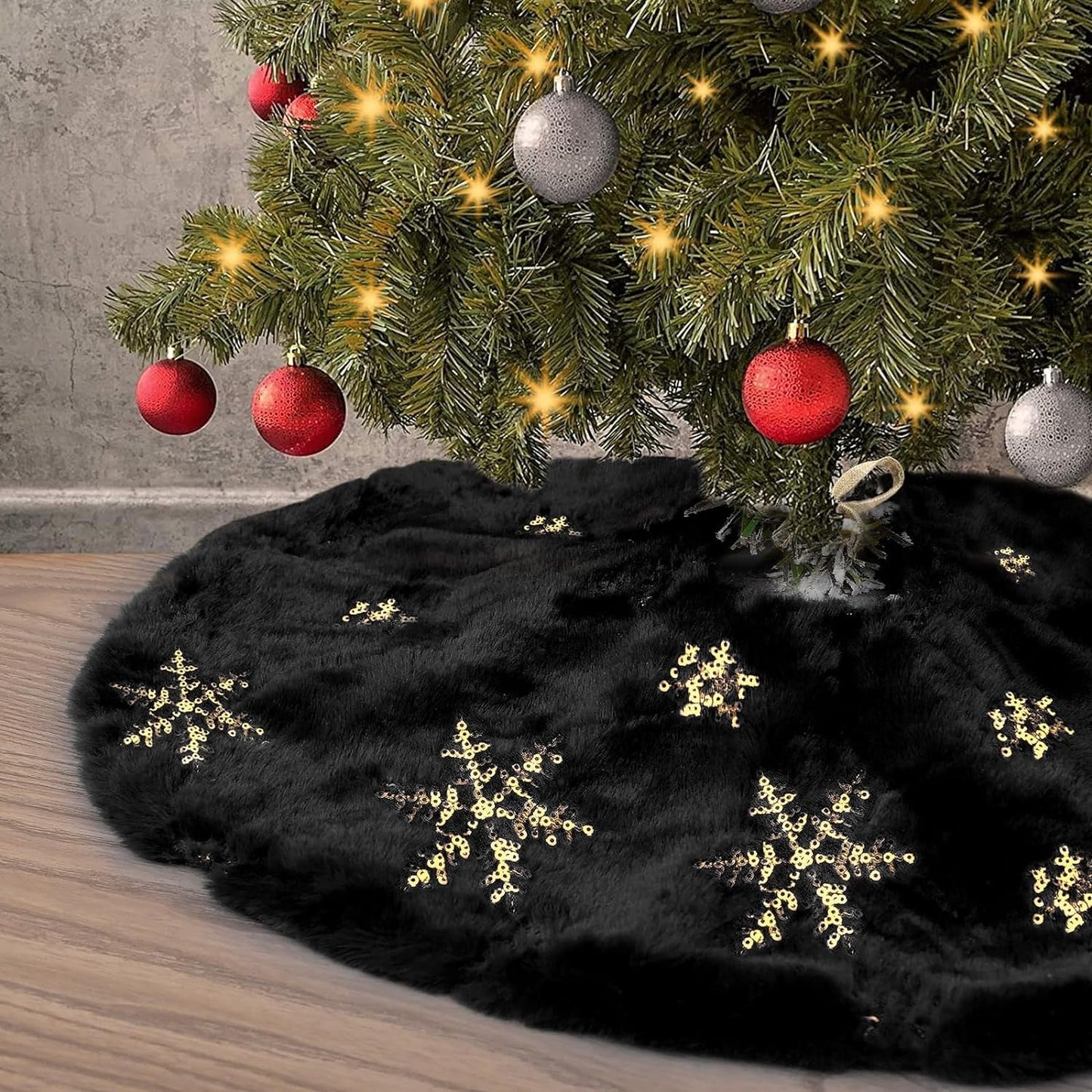 Yuboo Christmas Tree Skirt, 48" White Faux Fur with Gold Sequin Snowflakes Xmas Tree Rug for White Gold Christmas Decorations Home & Garden > Decor > Seasonal & Holiday Decorations yuboo 24 Black And Gold