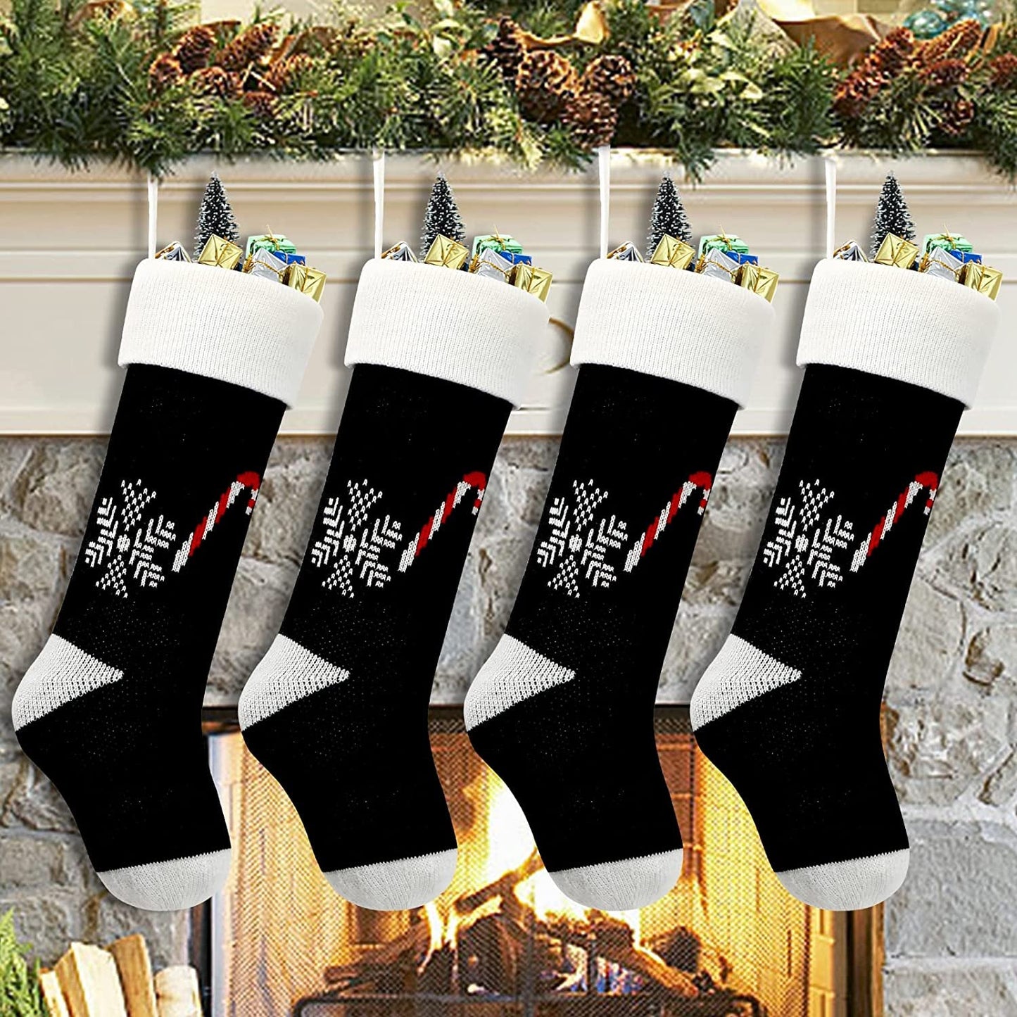 Dremisland 4 Pack Christmas Stockings - 18 Inch Black Knitted Xmas Stockings Fireplace Hanging Stockings for Christmas Decoration Holiday Season Party Decor