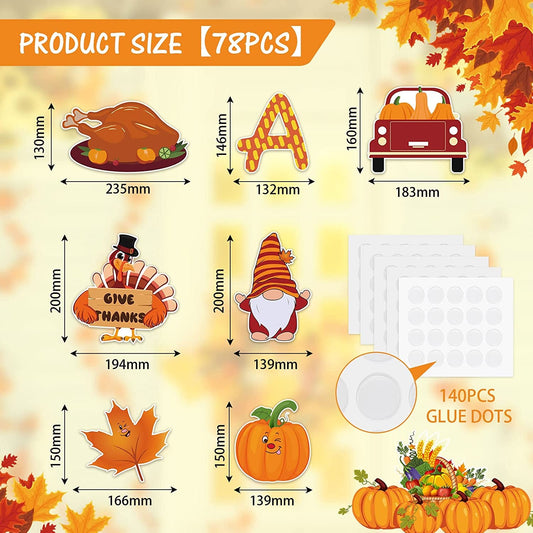 Pajean 78 Pcs Happy Thanksgiving Classroom Bulletin Board Happy Fall Pumpkin Leaves Turkey Cutouts with 140 Pcs Glue Points for Classroom Autumn Harvest Thanksgiving Party Decorations