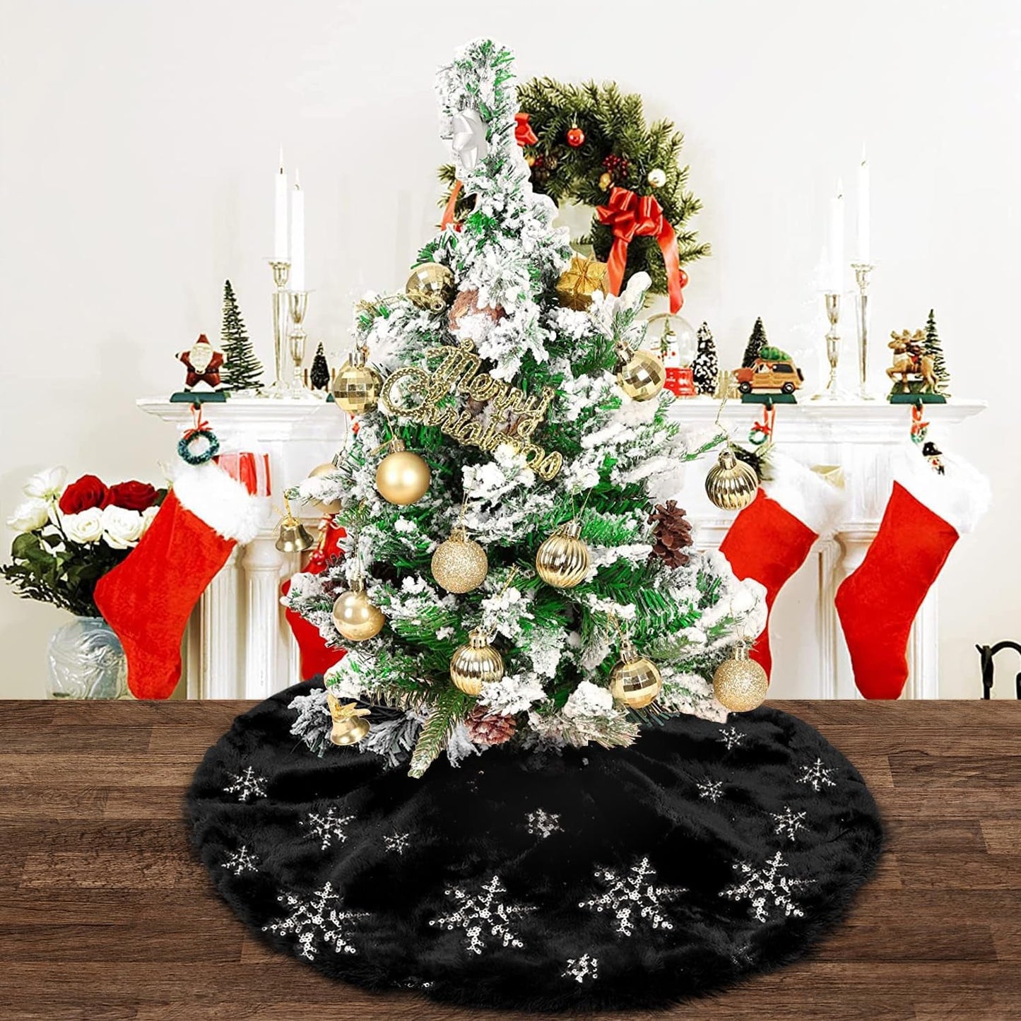 Yuboo Christmas Tree Skirt, 48" White Faux Fur with Gold Sequin Snowflakes Xmas Tree Rug for White Gold Christmas Decorations Home & Garden > Decor > Seasonal & Holiday Decorations yuboo 24 Black And Sliver