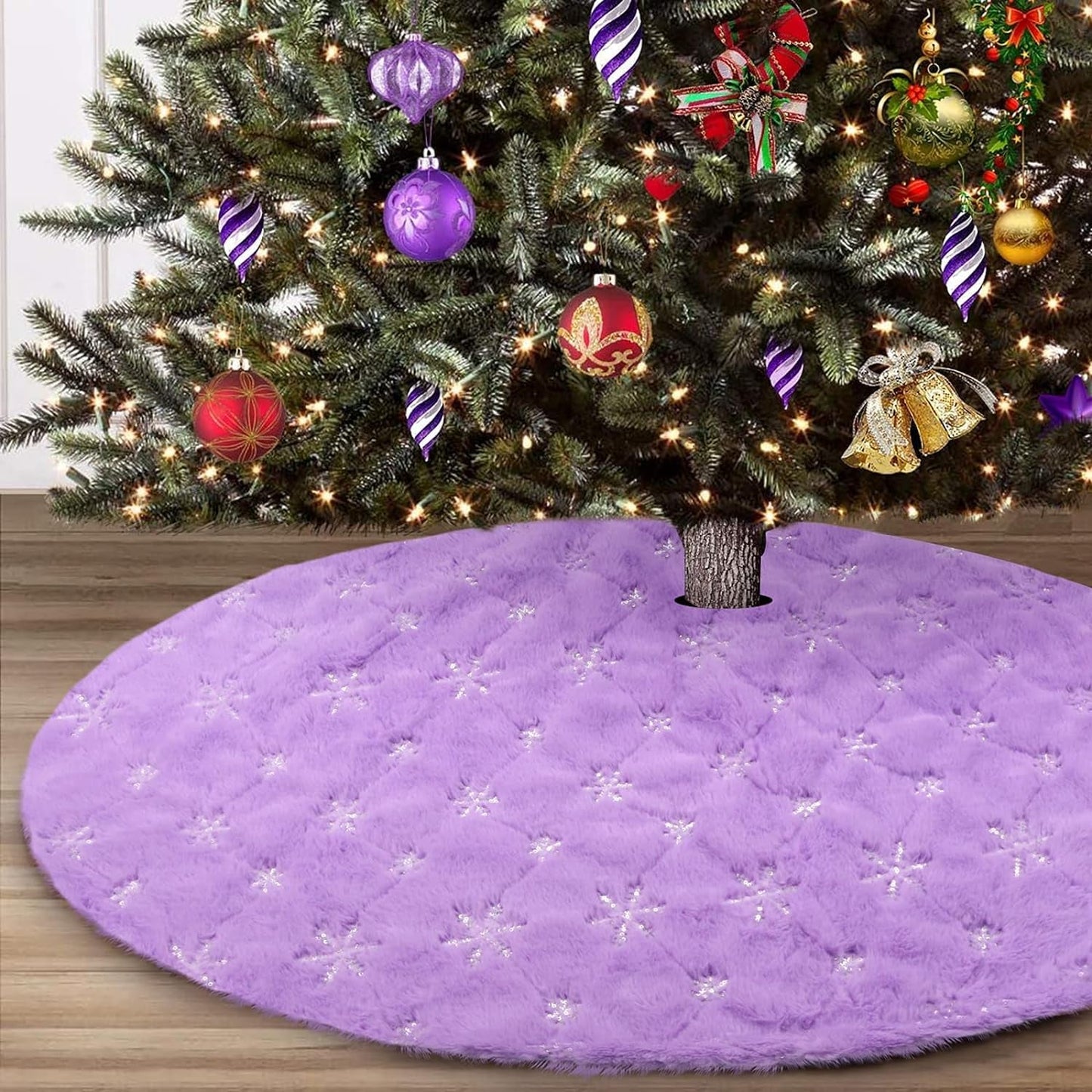 Yuboo Christmas Tree Skirt, 48" White Faux Fur with Gold Sequin Snowflakes Xmas Tree Rug for White Gold Christmas Decorations Home & Garden > Decor > Seasonal & Holiday Decorations yuboo Purple