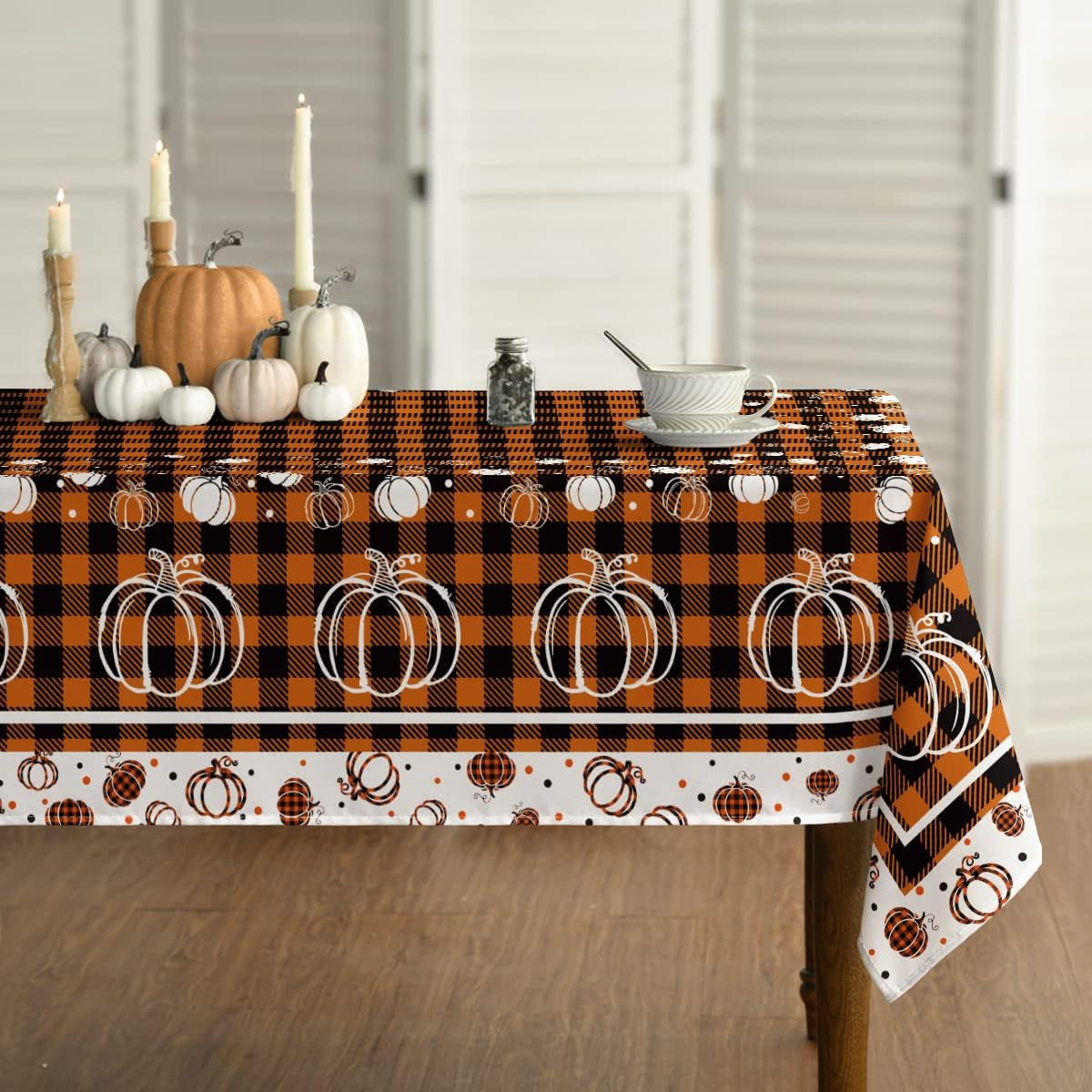 Horaldaily Fall Tablecloth 60X84 Inch Rectangular, Thanksgiving Autumn Harvest Orange Black Buffalo Plaid White Pumpkins Table Cover for Party Picnic Dinner Decor