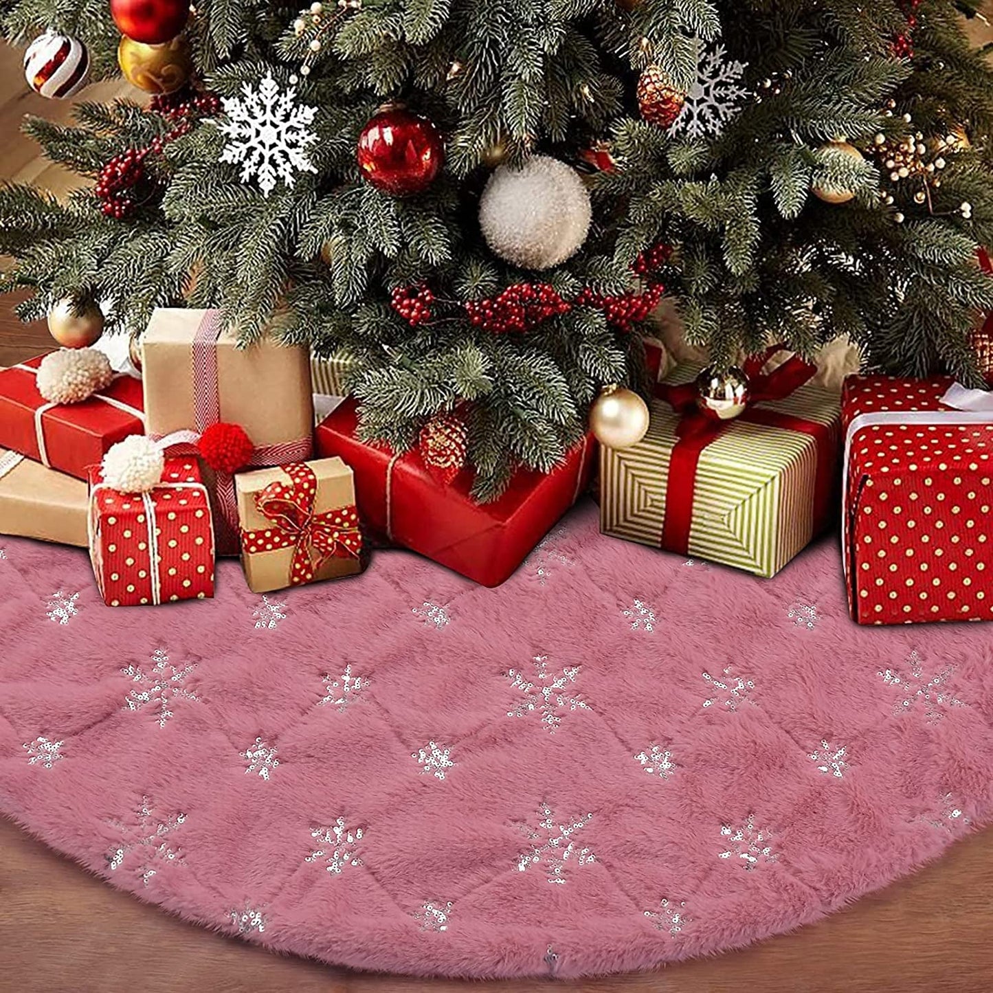 Yuboo Christmas Tree Skirt, 48" White Faux Fur with Gold Sequin Snowflakes Xmas Tree Rug for White Gold Christmas Decorations Home & Garden > Decor > Seasonal & Holiday Decorations yuboo Pink