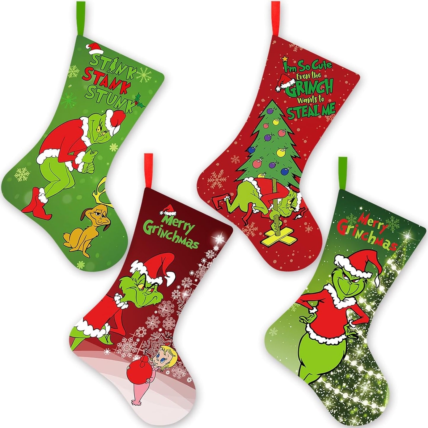 Yanleen 4 Pack Grinchs Christmas Stockings, 20 Inch Large Stocking Christmas Bulk Grinchs Christmas Decorations Grinchs Decor Ornaments Holiday Home Indoors