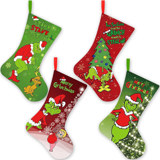 Yanleen 4 Pack Grinchs Christmas Stockings, 20 Inch Large Stocking Christmas Bulk Grinchs Christmas Decorations Grinchs Decor Ornaments Holiday Home Indoors