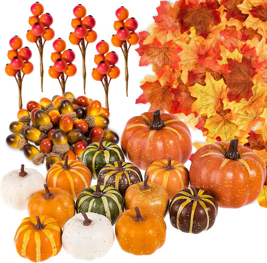 Whaline 160 Pcs Autumn Artificial Maple Leaves, Harvest Pumpkins, Gourds, Acorns and Orange Berry Stems Set, Fall and Thanksgiving Home Table Decoration Halloween Party Decor