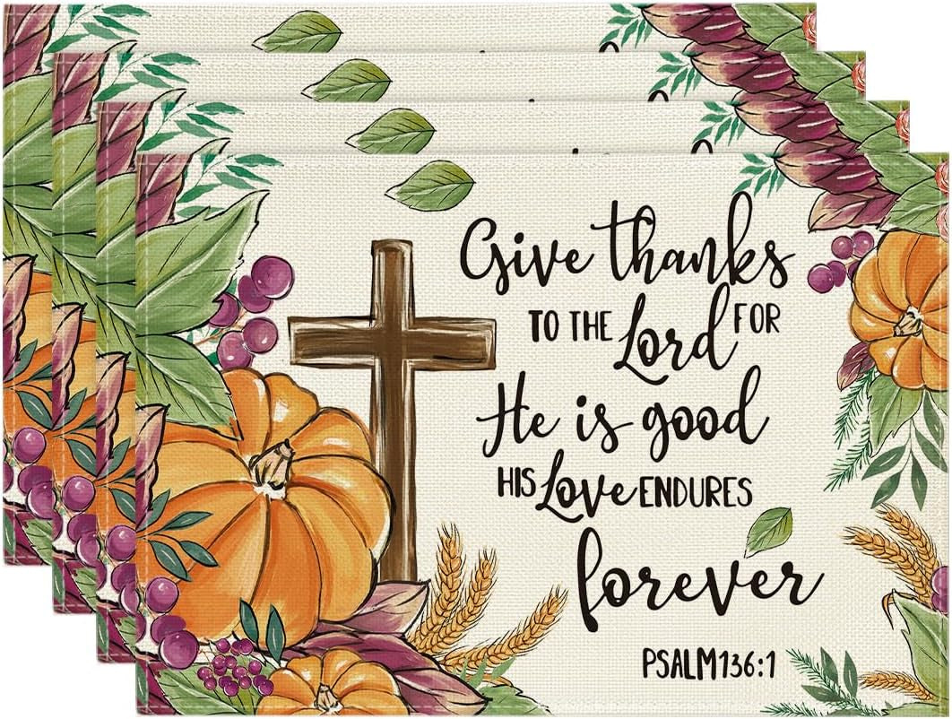 Artoid Mode Pumpkin Leaves Grapes Wheat Thanksgiving Table Runner, Seasonal Autumn Kitchen Dining Table Decoration for Home Party Decor 13X72 Inch Home & Garden > Decor > Seasonal & Holiday Decorations Artoid Mode Beige 12" X 18", Placemats Set Of 4