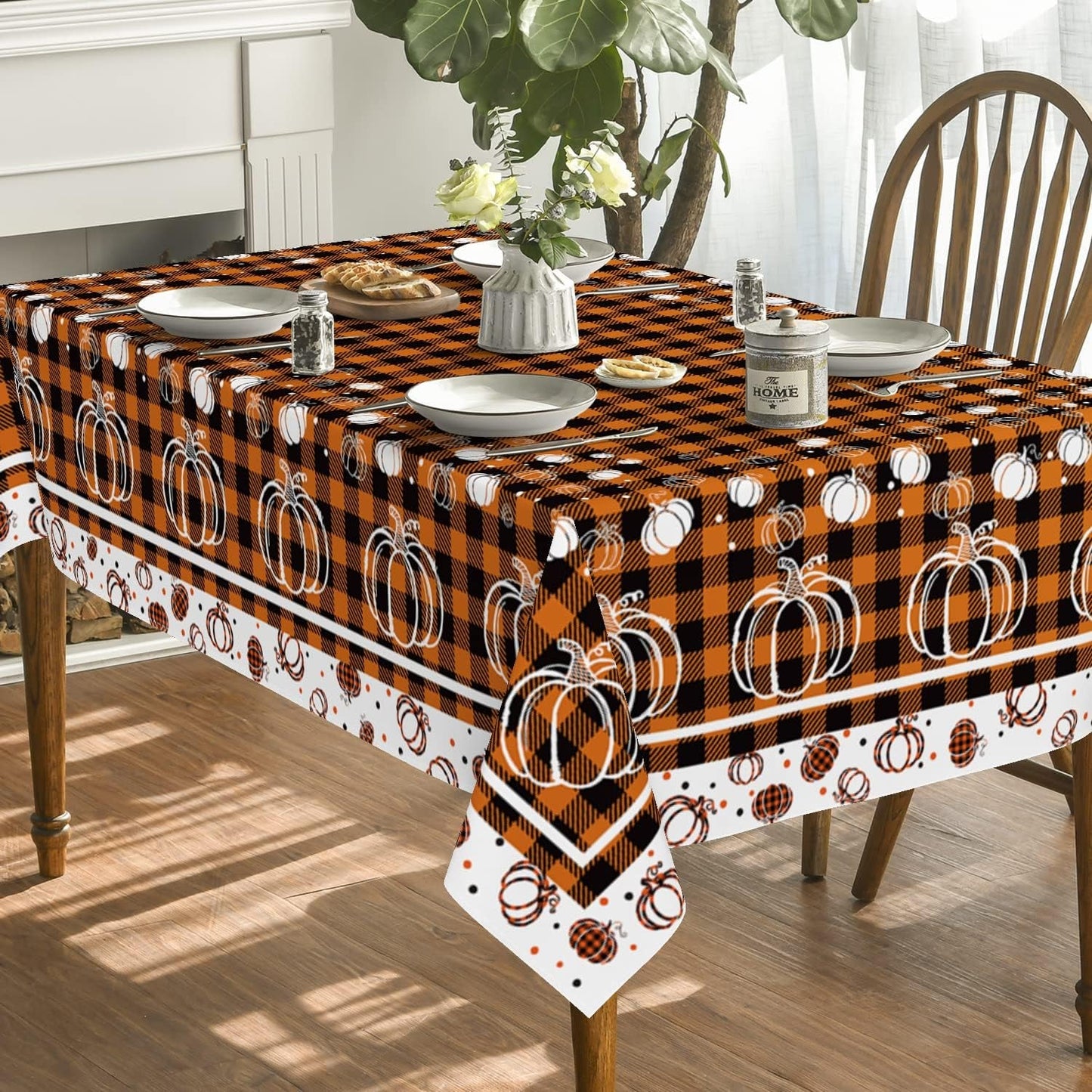 Horaldaily Fall Tablecloth 60X84 Inch Rectangular, Thanksgiving Autumn Harvest Orange Black Buffalo Plaid White Pumpkins Table Cover for Party Picnic Dinner Decor
