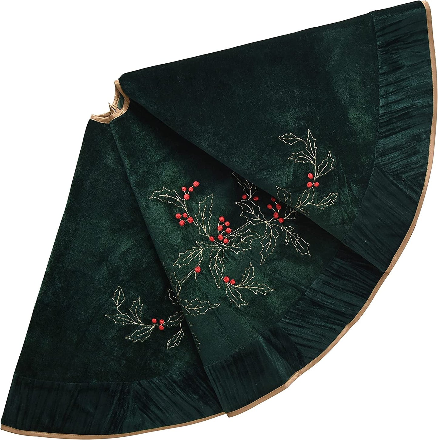 X.Sem Holly Leaf Embroidered Velvet Christmas Tree Skirt with Pleat Velvet Border 50'' Dark Green (Dark Green, 50 Inch)