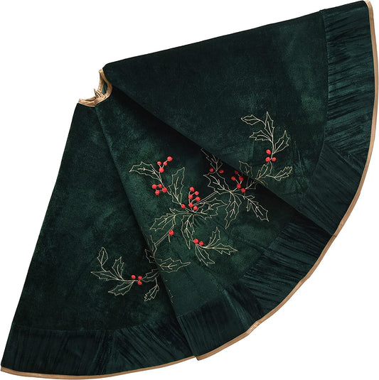 X.Sem Holly Leaf Embroidered Velvet Christmas Tree Skirt with Pleat Velvet Border 50'' Dark Green (Dark Green, 50 Inch)