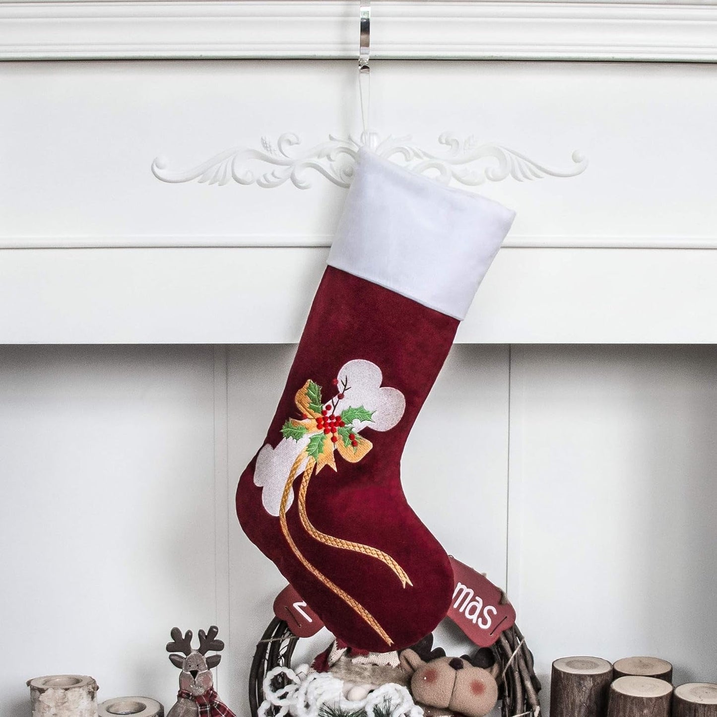 GEX Christmas Stockings for Dog Cat Pet 22" Large Quilted Lining Embroidery Luxury Lovely Velvet Hanging Ornament Decorations for Xmas Season (Burgundy) Home & Garden > Decor > Seasonal & Holiday Decorations GEX Worldwide Red
