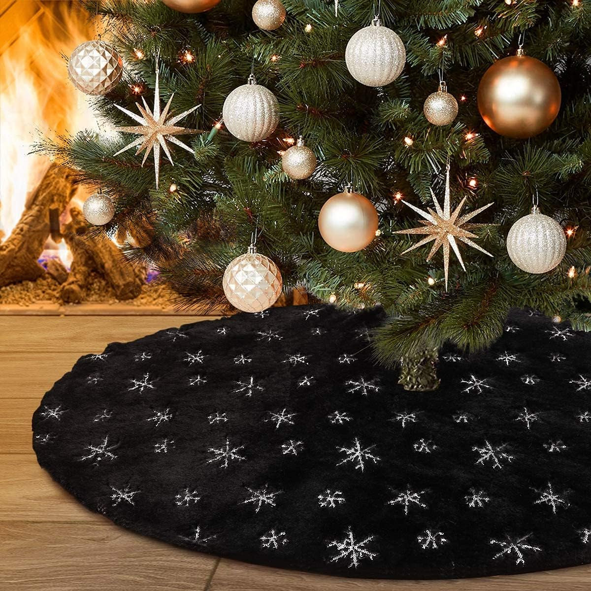 Yuboo Christmas Tree Skirt, 48" White Faux Fur with Gold Sequin Snowflakes Xmas Tree Rug for White Gold Christmas Decorations Home & Garden > Decor > Seasonal & Holiday Decorations yuboo Black
