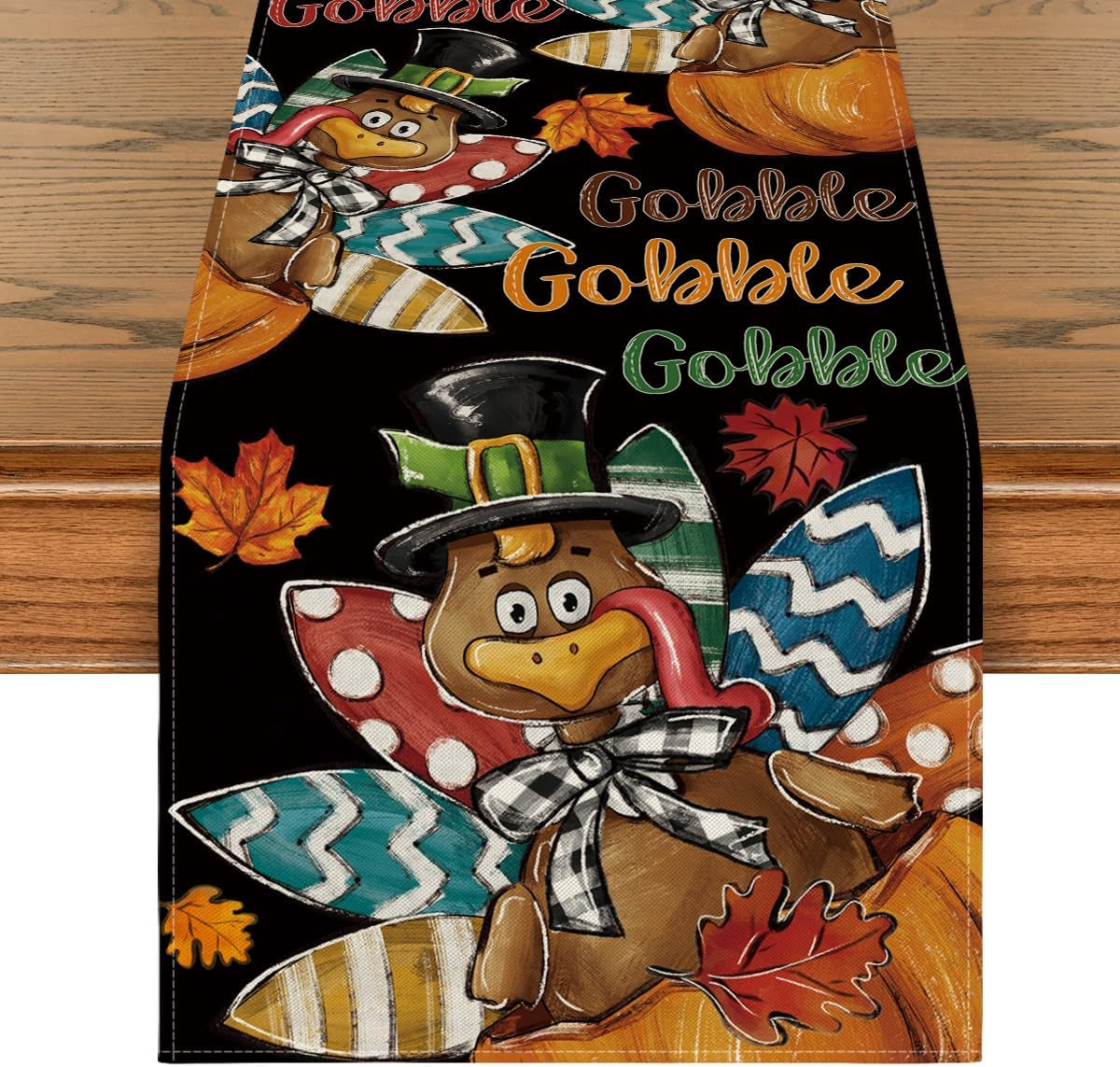Artoid Mode Beige Gobble Turkey Pumpkin Thanksgiving Table Runner, Fall Autumn Harvest Kitchen Dining Table Decoration for Home Party Decor 13X72 Inch Home & Garden > Decor > Seasonal & Holiday Decorations Artoid Mode Black 13" X 72", Table Runner